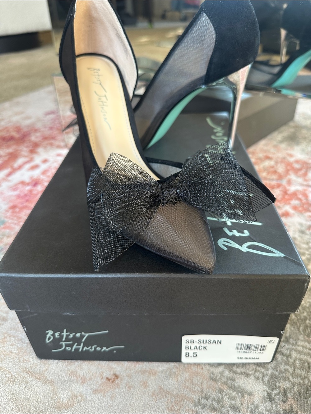 Betsey Johnson Black Pointed-Toe Mesh Bow Stiletto Pumps
